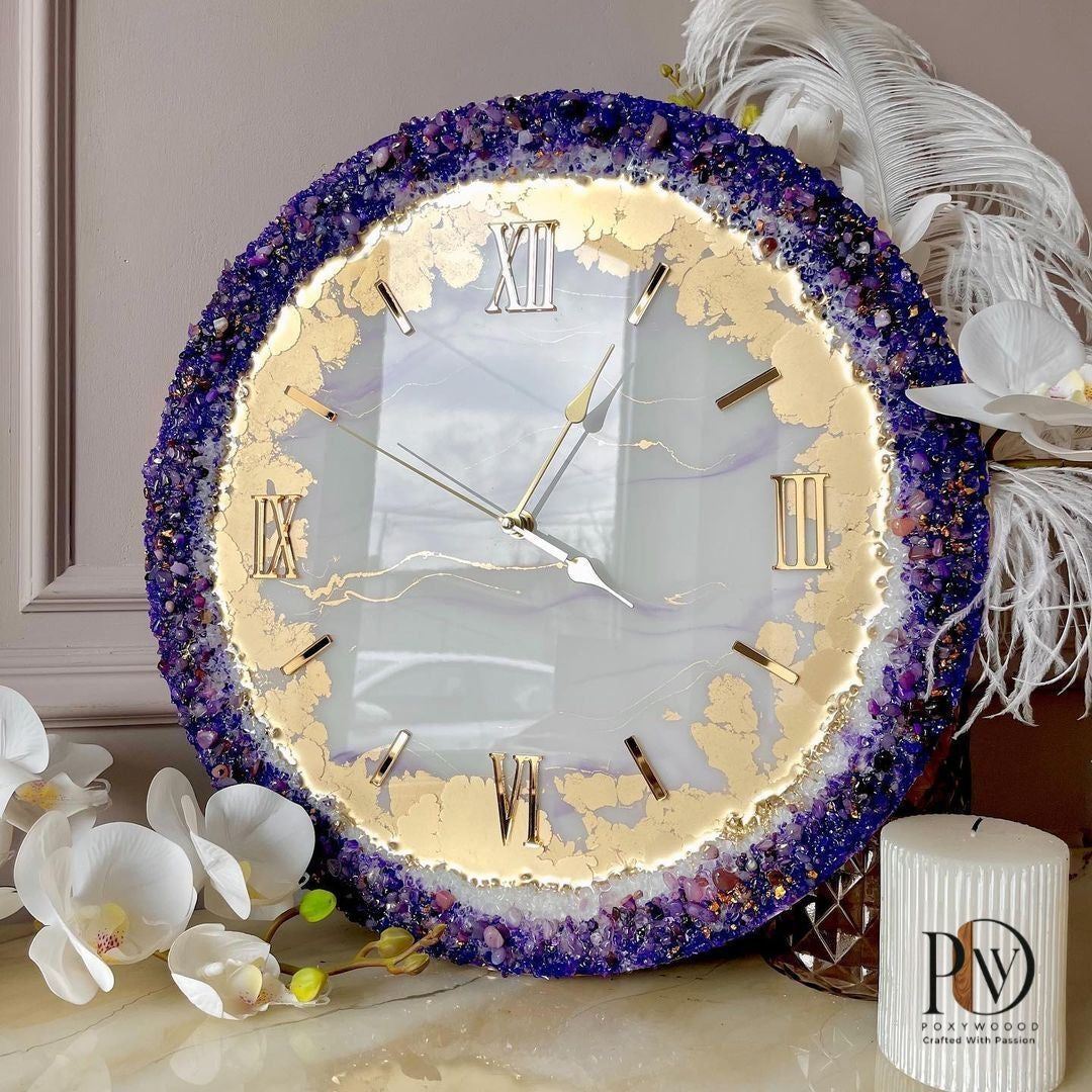 Purple Prestige of Intricate Gemstone Resin Wall Clock