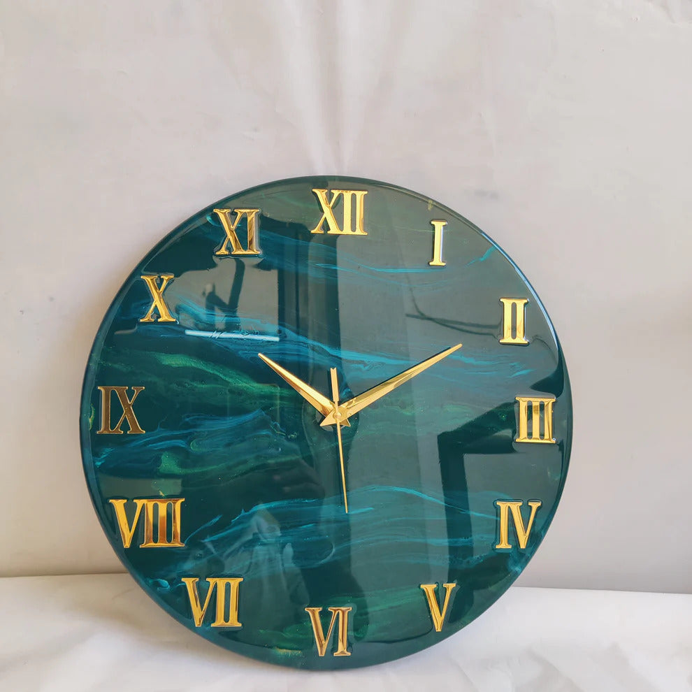 Royal Emerald Tide Luxury Epoxy Wall Clock – Gold Roman Numerals