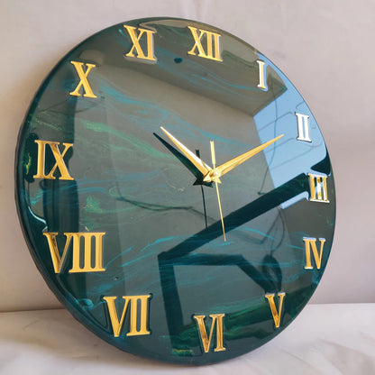 Royal Emerald Tide Luxury Epoxy Wall Clock – Gold Roman Numerals