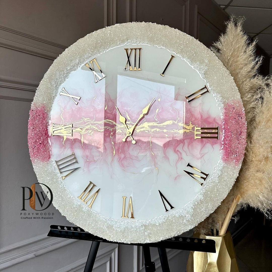 Elegant Pink Marble Resin Roman Clock
