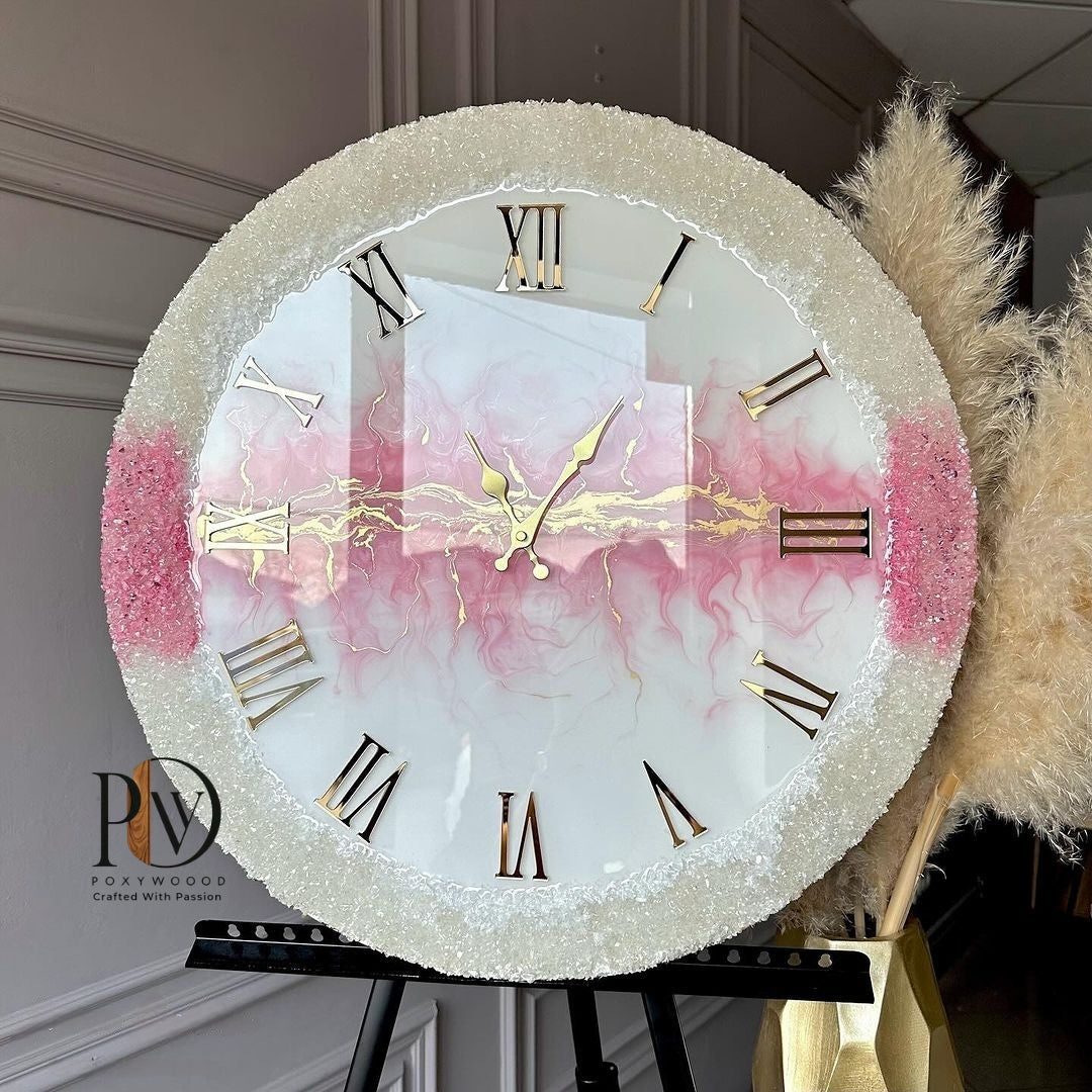 Elegant Pink Marble Resin Roman Clock