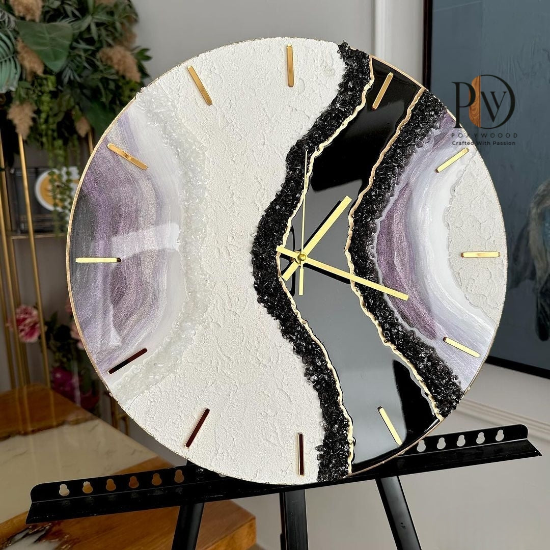 Luxury White Purple Agate Epoxy Resin Geode Clock