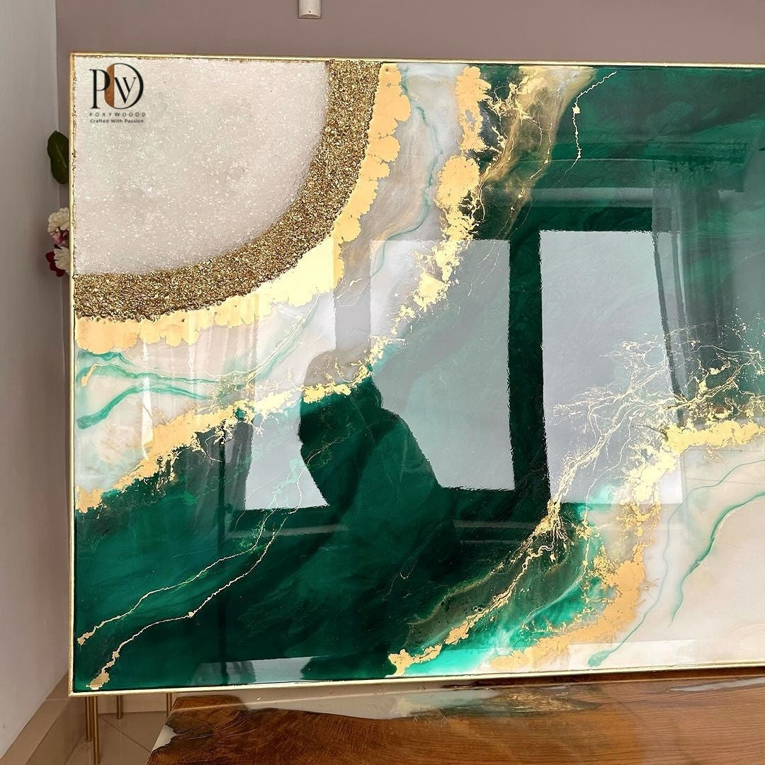 Emerald Horizon Luxury Resin Wall Art – Green Gold Abstract Decor