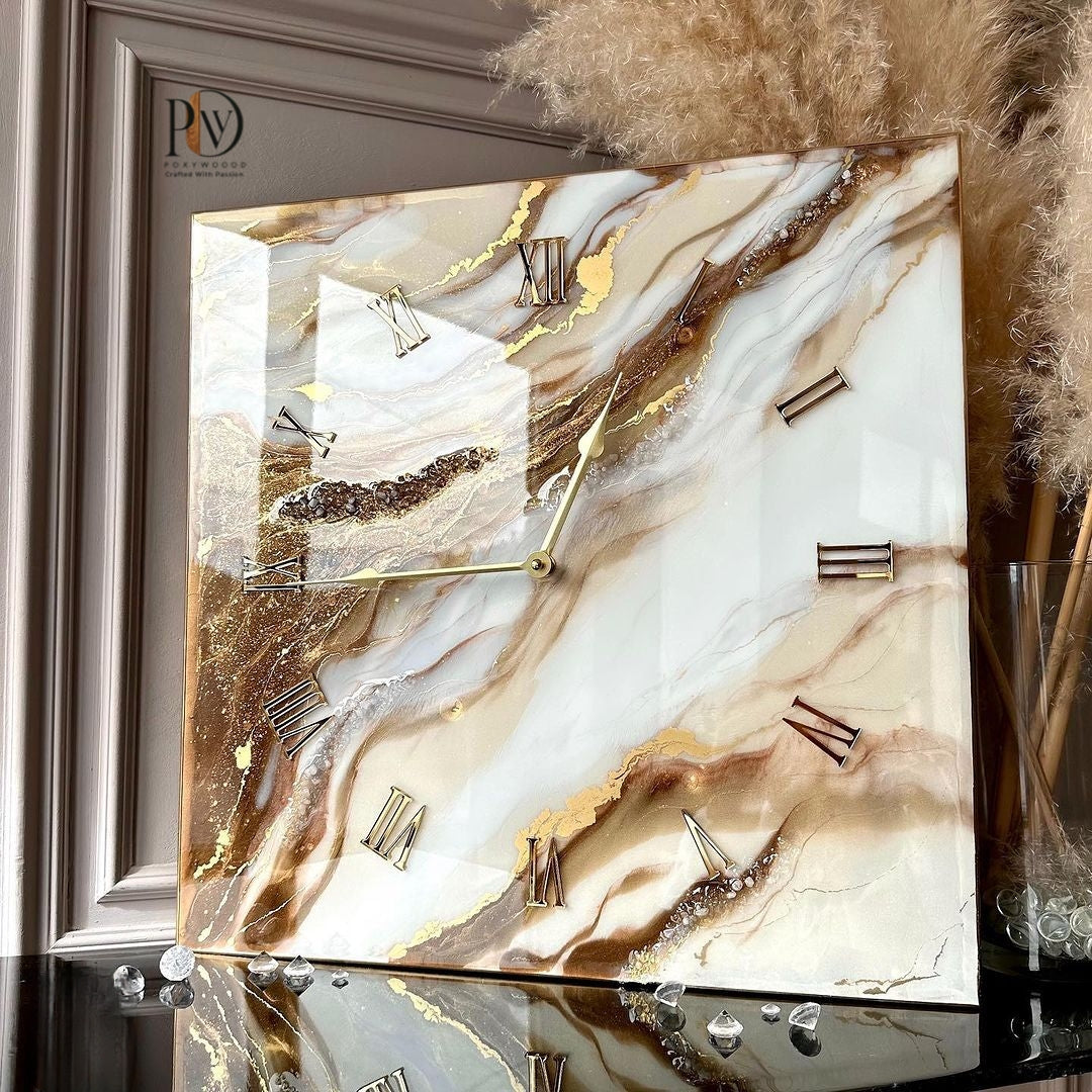 Crystal-Encrusted Resin Wall Clock with Golden Agate